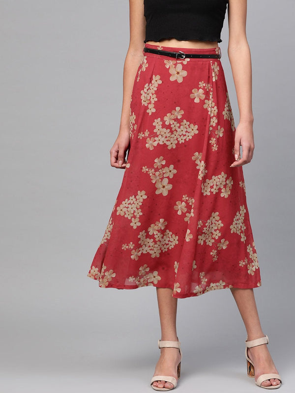 Women's Red Floral Flared Skirt - SASSAFRAS