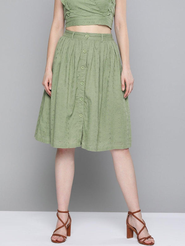 Women's Olive Schiffli Buttoned Skirt - SASSAFRAS - Indiakreations