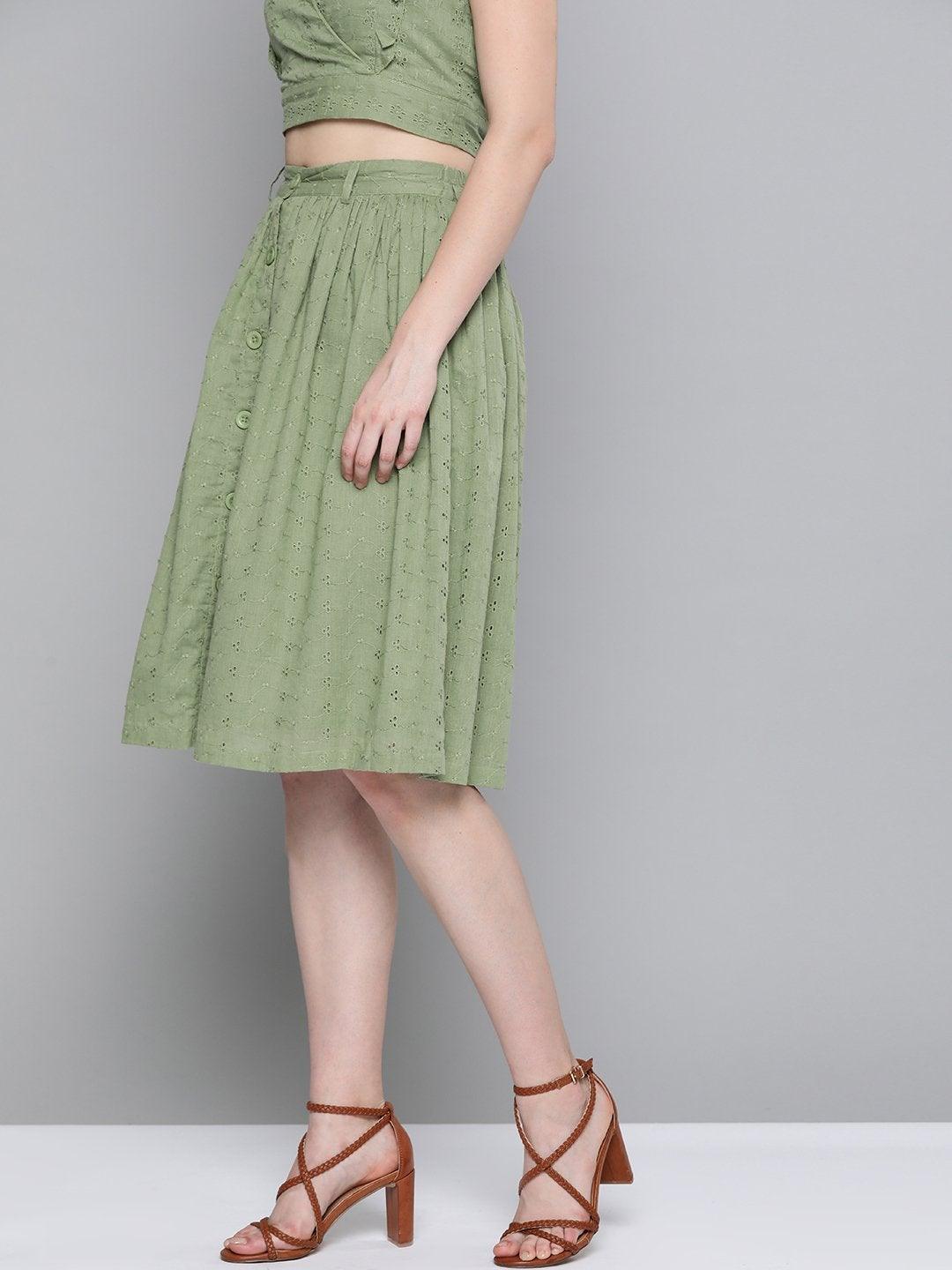 Women's Olive Schiffli Buttoned Skirt - SASSAFRAS - Indiakreations