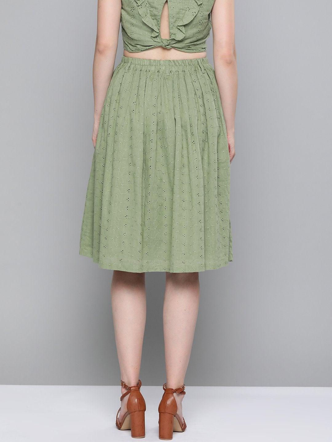 Women's Olive Schiffli Buttoned Skirt - SASSAFRAS - Indiakreations