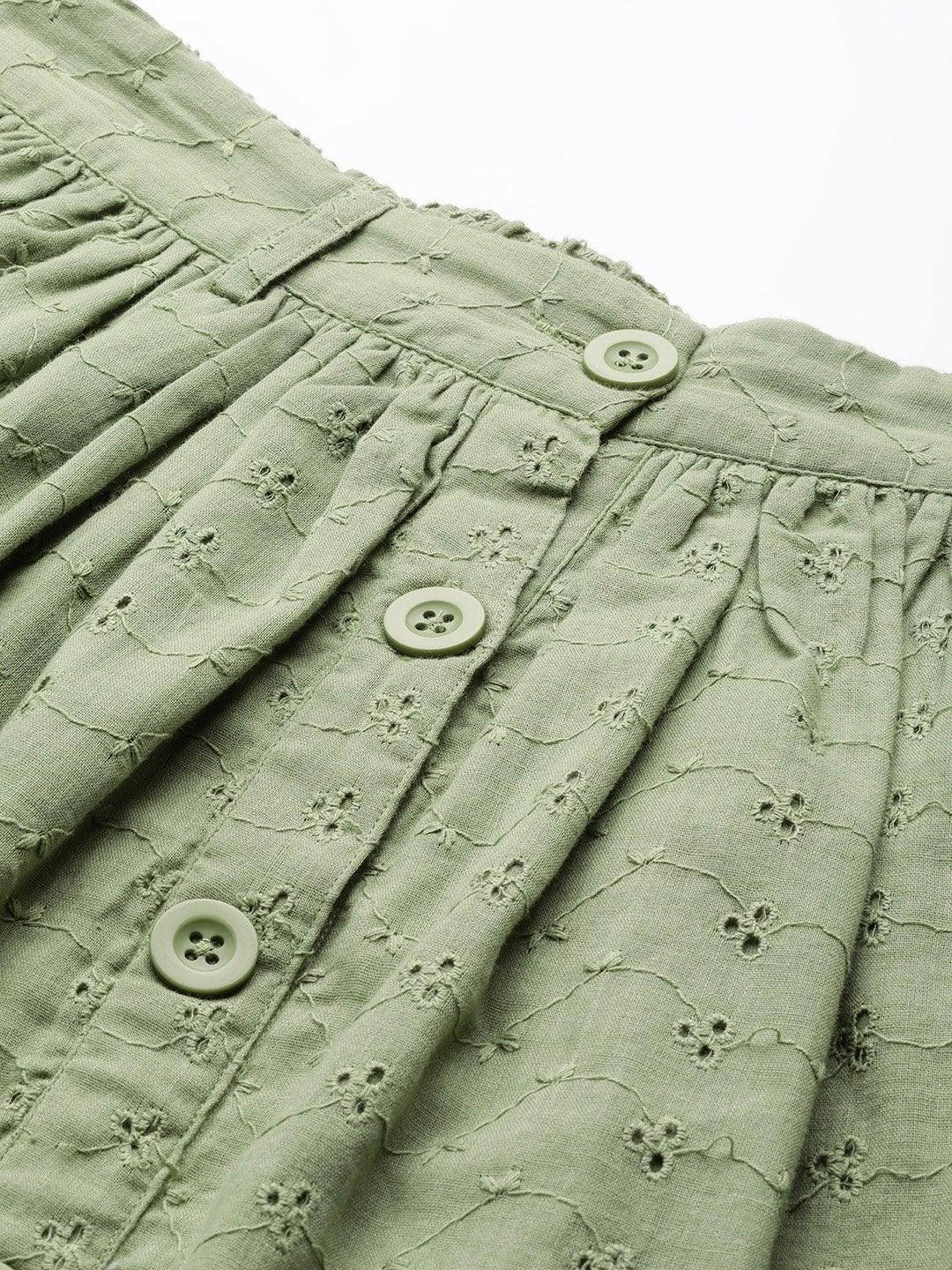 Women's Olive Schiffli Buttoned Skirt - SASSAFRAS - Indiakreations