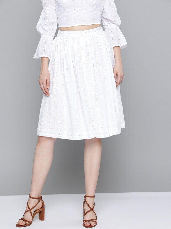 Women's White Schiffli Buttoned Skirt - SASSAFRAS - Indiakreations