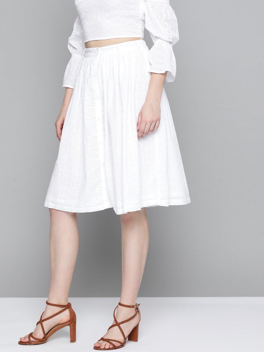 Women's White Schiffli Buttoned Skirt - SASSAFRAS - Indiakreations