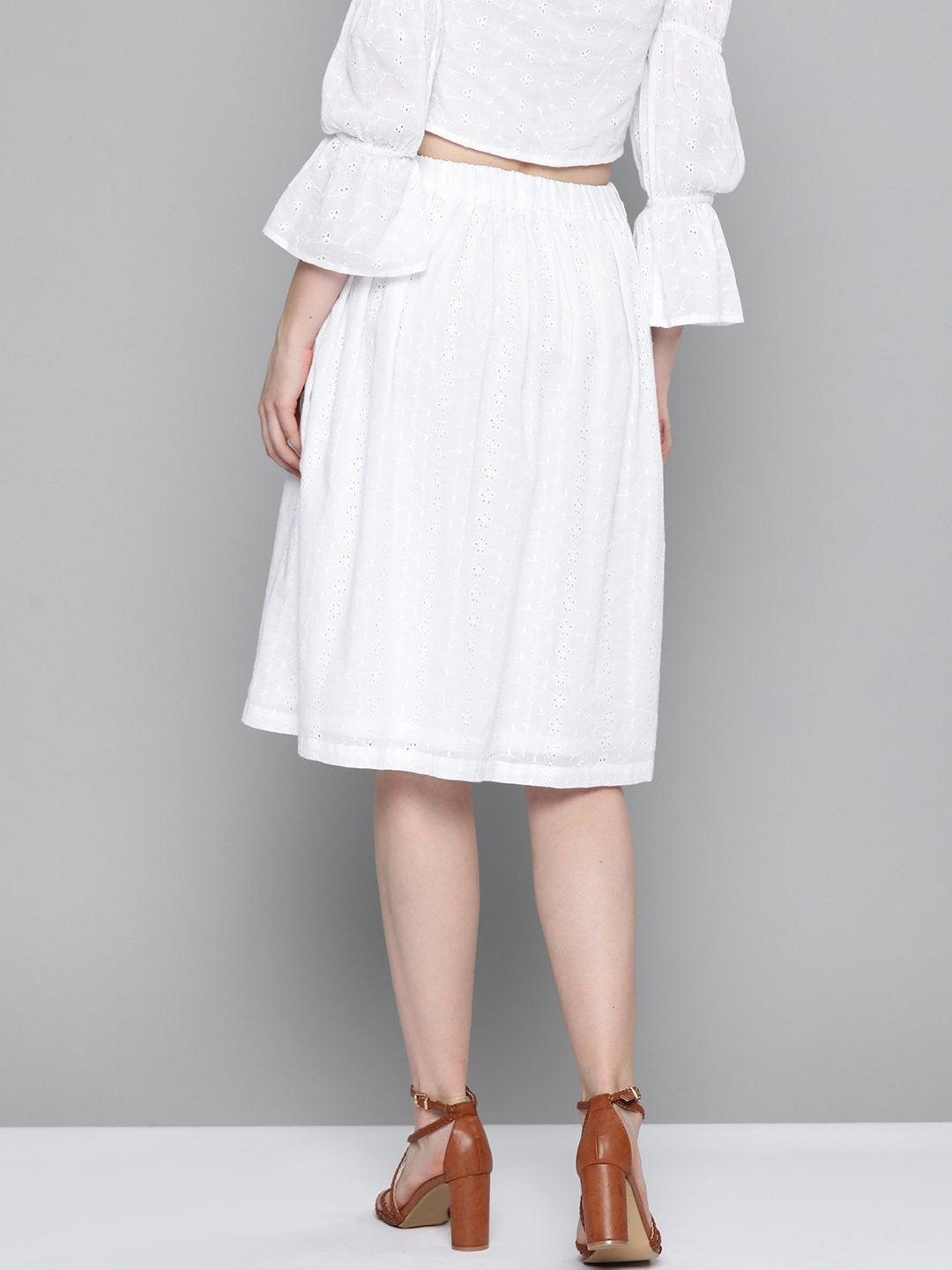 Women's White Schiffli Buttoned Skirt - SASSAFRAS - Indiakreations