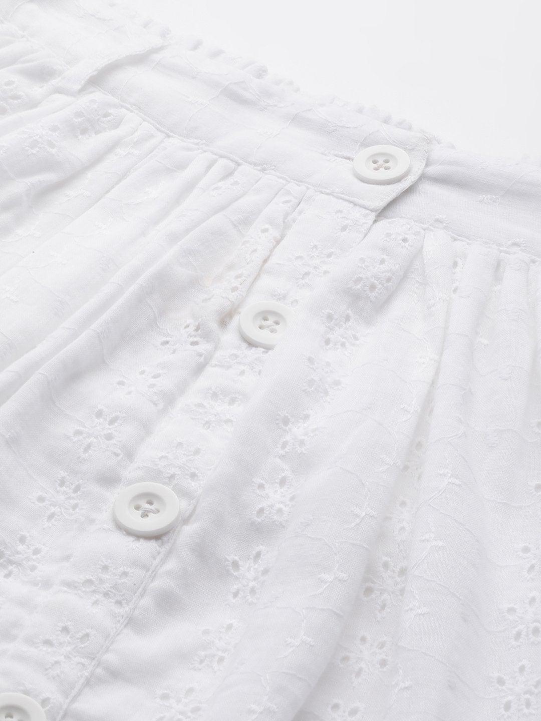 Women's White Schiffli Buttoned Skirt - SASSAFRAS - Indiakreations