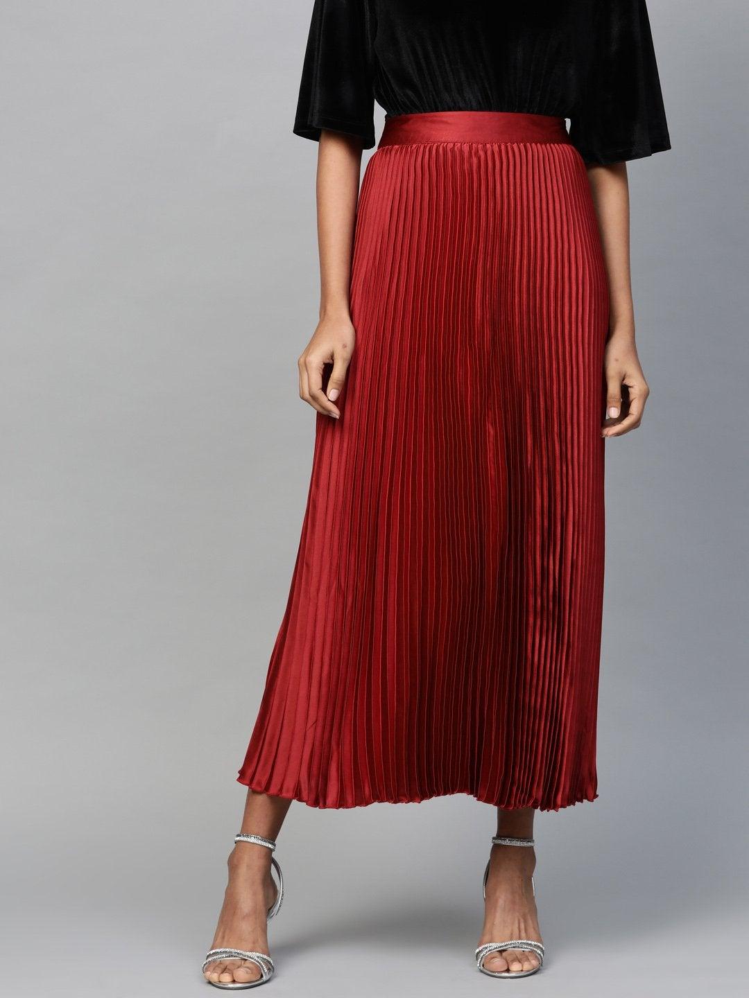 Women's Red Satin Pleated Maxi Skirt - SASSAFRAS - Indiakreations