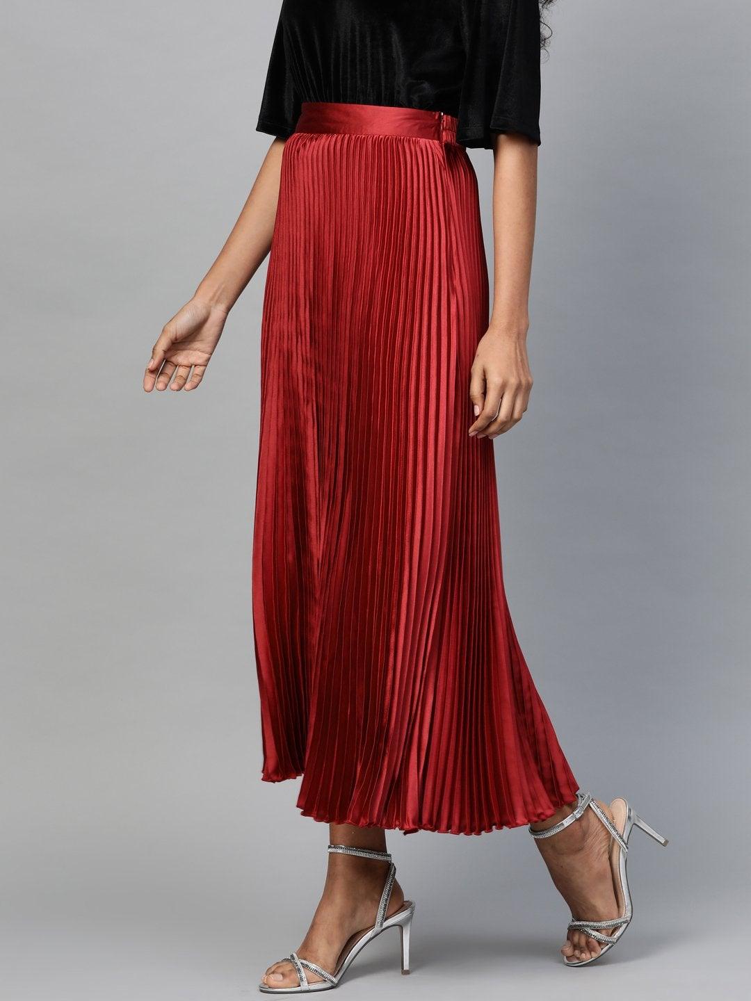 Women's Red Satin Pleated Maxi Skirt - SASSAFRAS - Indiakreations