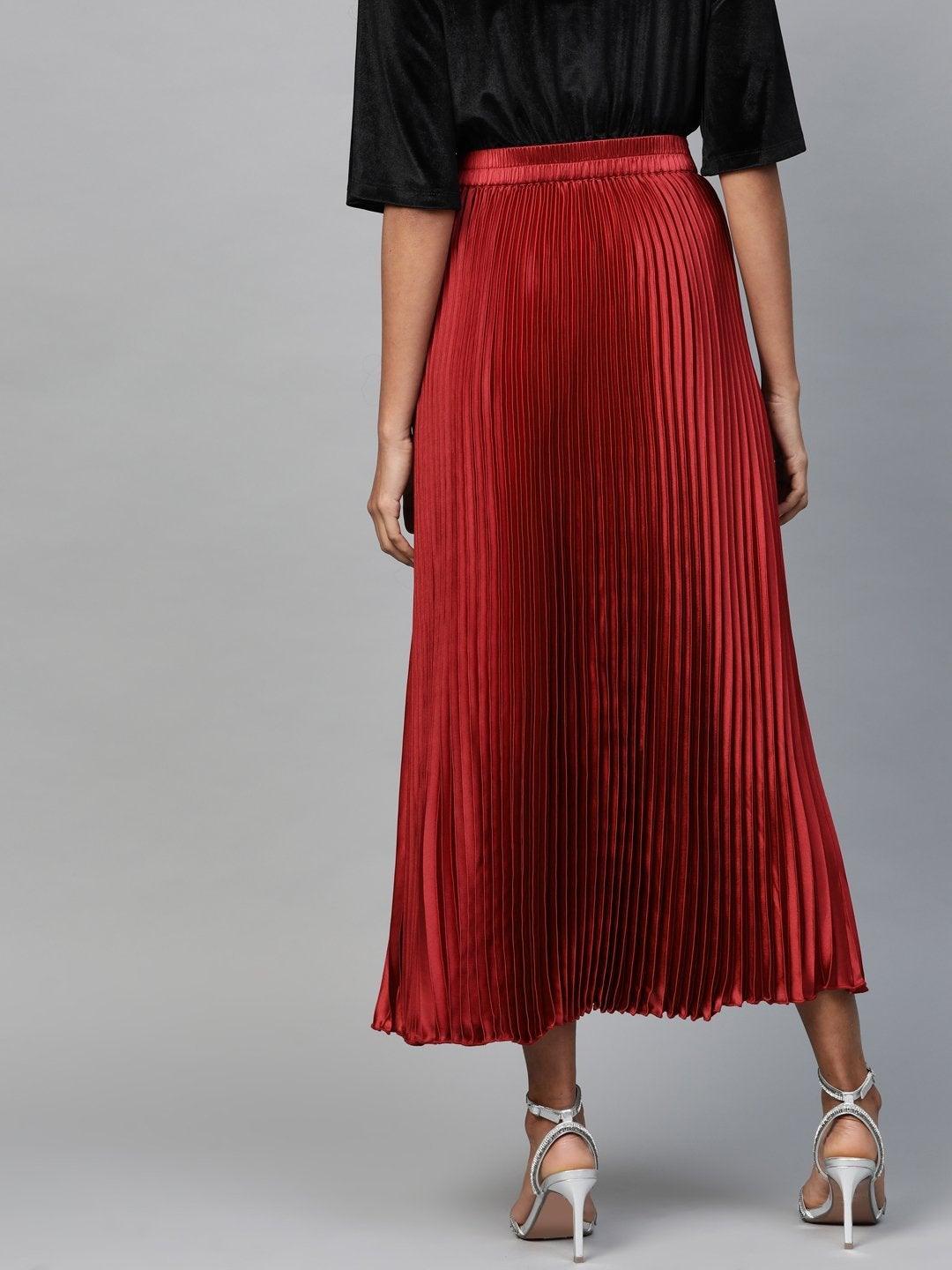 Women's Red Satin Pleated Maxi Skirt - SASSAFRAS - Indiakreations