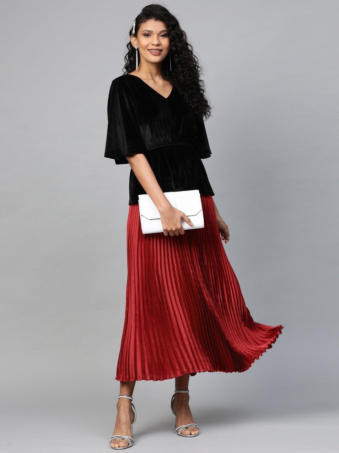 Women's Red Satin Pleated Maxi Skirt - SASSAFRAS - Indiakreations