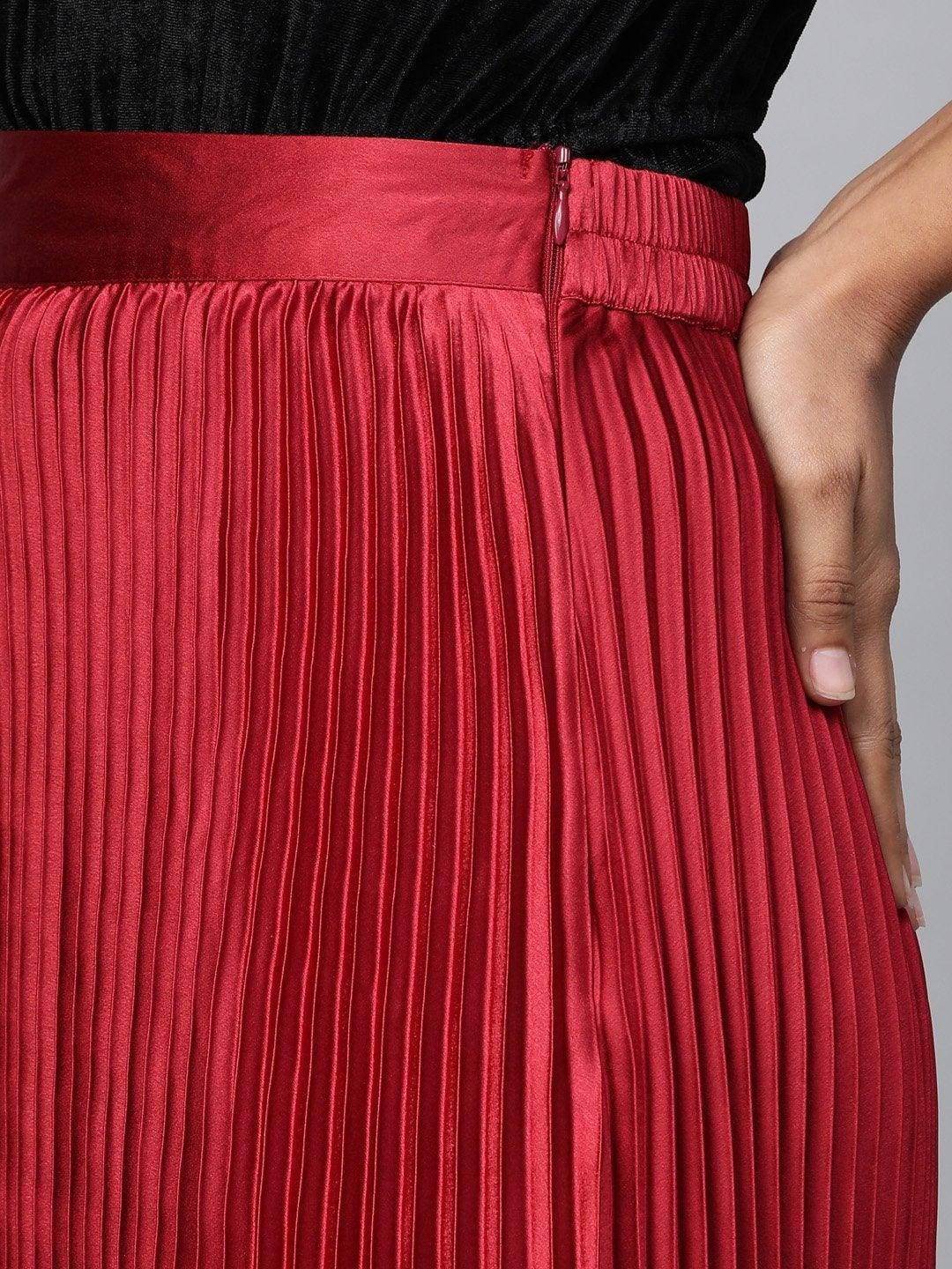 Women's Red Satin Pleated Maxi Skirt - SASSAFRAS - Indiakreations