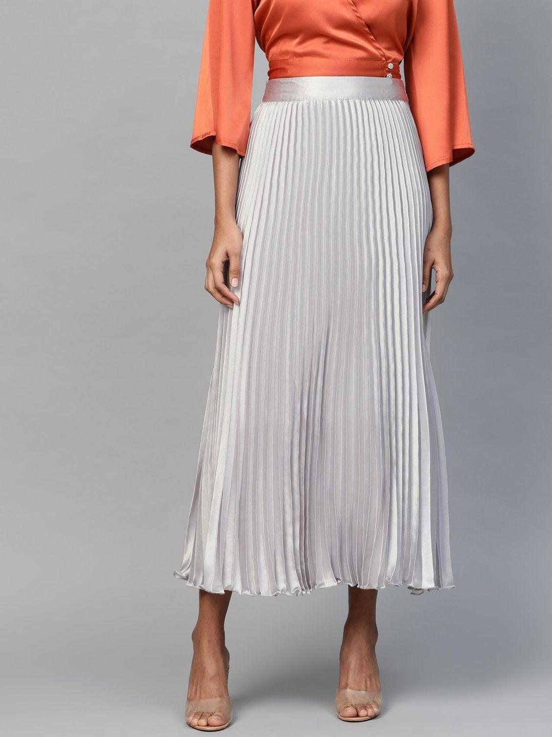 Women's Grey Satin Pleated Maxi Skirt - SASSAFRAS - Indiakreations