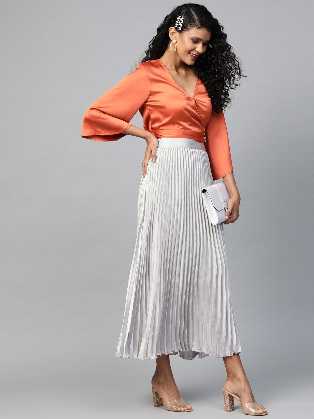 Women's Grey Satin Pleated Maxi Skirt - SASSAFRAS - Indiakreations