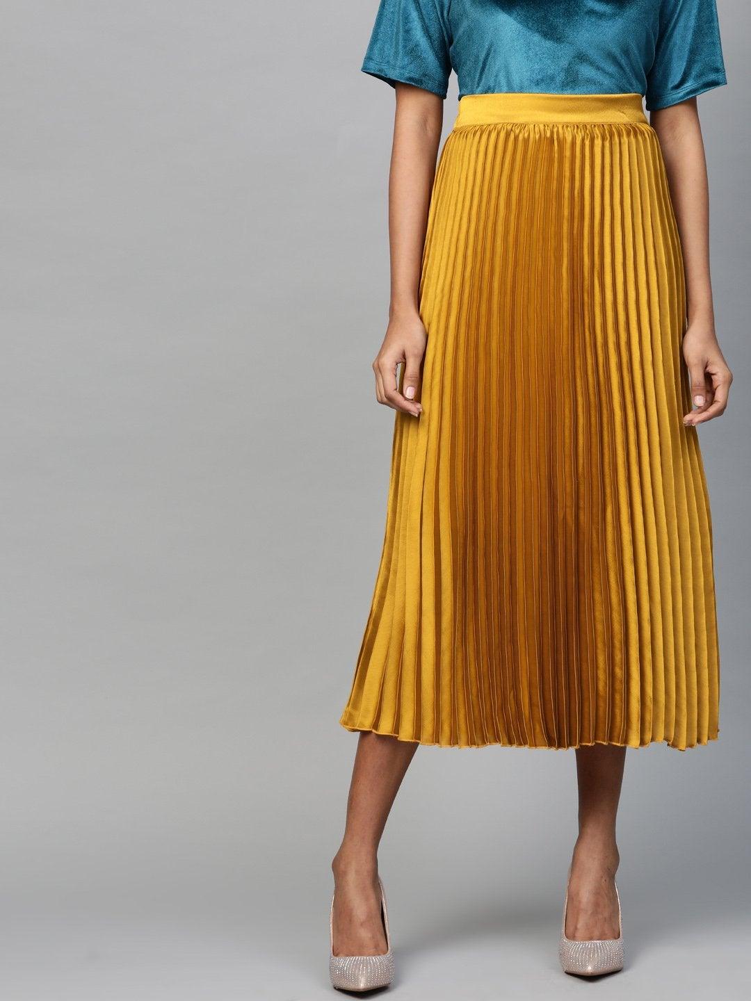 Women's Mustard Satin Pleated Midi Skirt - SASSAFRAS - Indiakreations