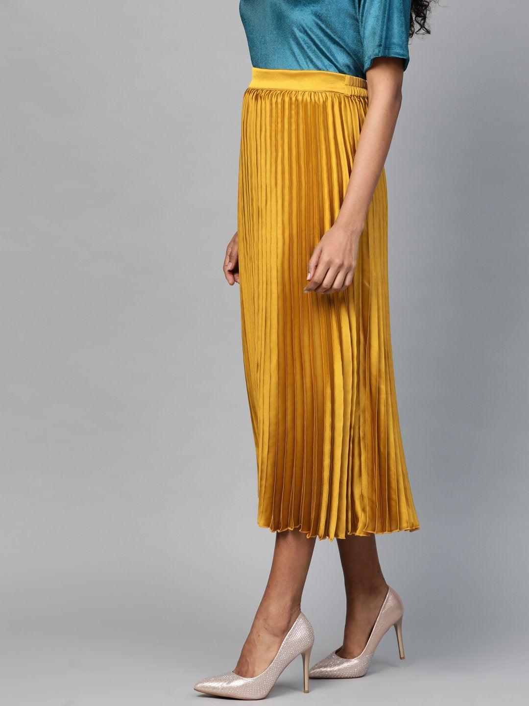 Women's Mustard Satin Pleated Midi Skirt - SASSAFRAS - Indiakreations