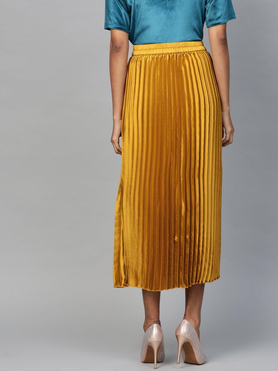 Women's Mustard Satin Pleated Midi Skirt - SASSAFRAS - Indiakreations