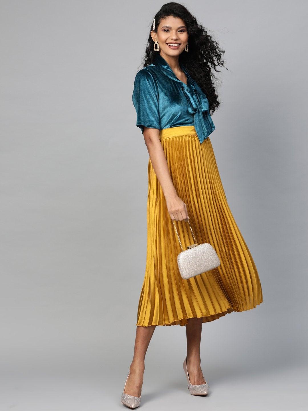 Women's Mustard Satin Pleated Midi Skirt - SASSAFRAS - Indiakreations