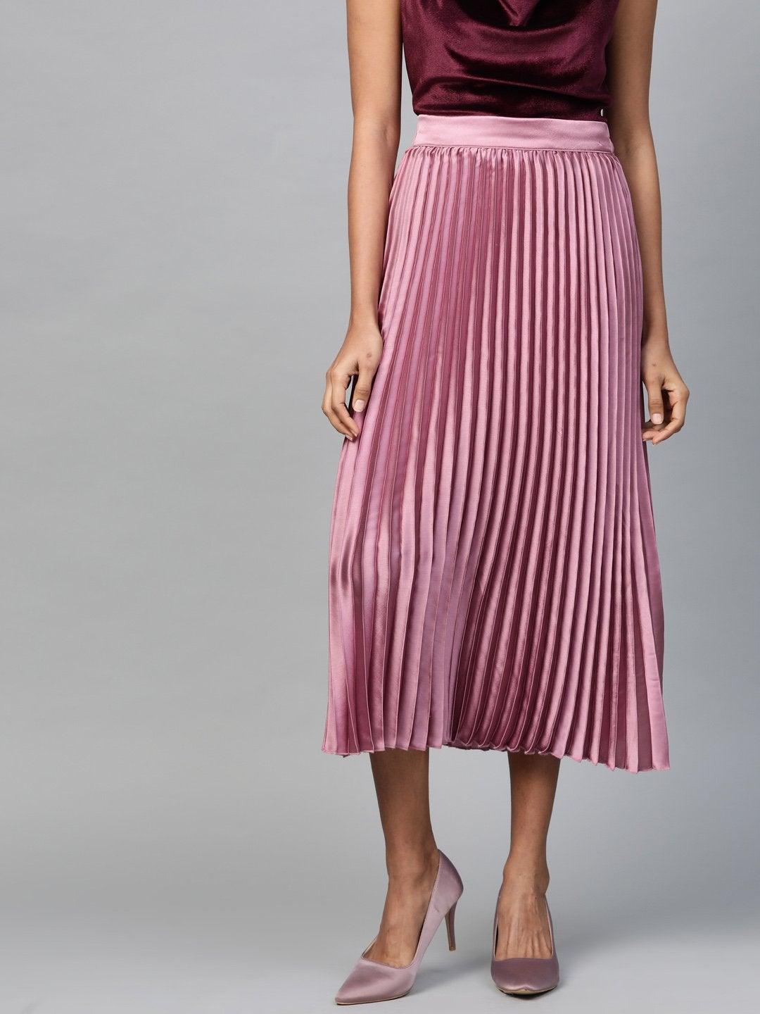 Women's Lavender Satin Pleated Midi Skirt - SASSAFRAS - Indiakreations