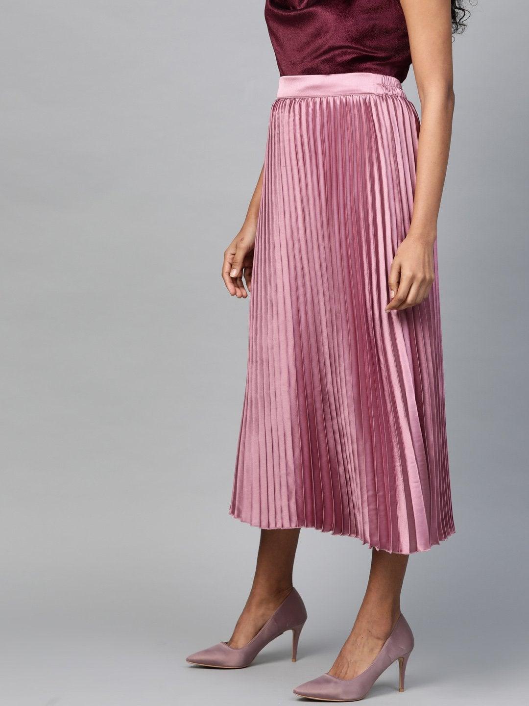 Women's Lavender Satin Pleated Midi Skirt - SASSAFRAS - Indiakreations