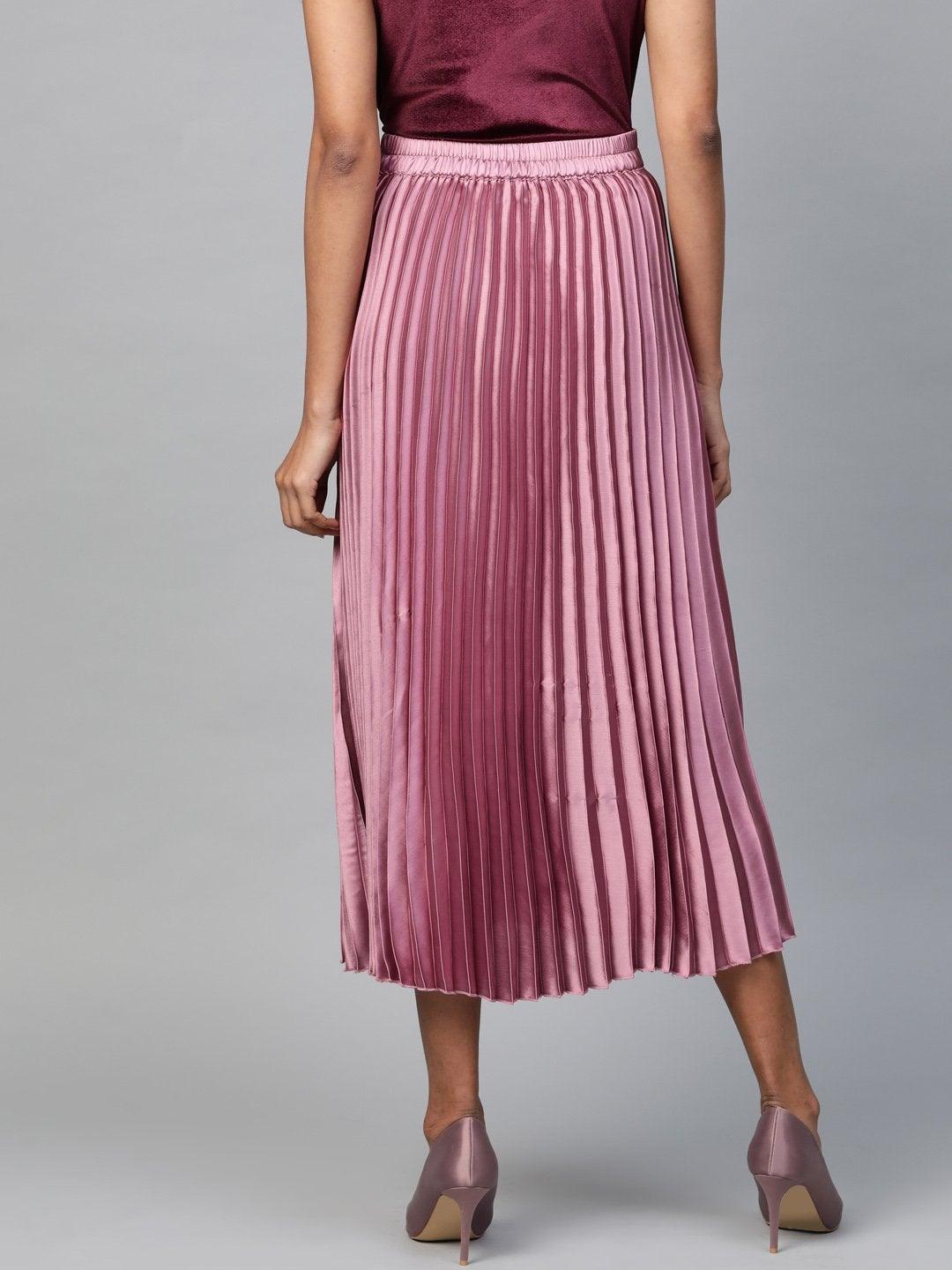 Women's Lavender Satin Pleated Midi Skirt - SASSAFRAS - Indiakreations