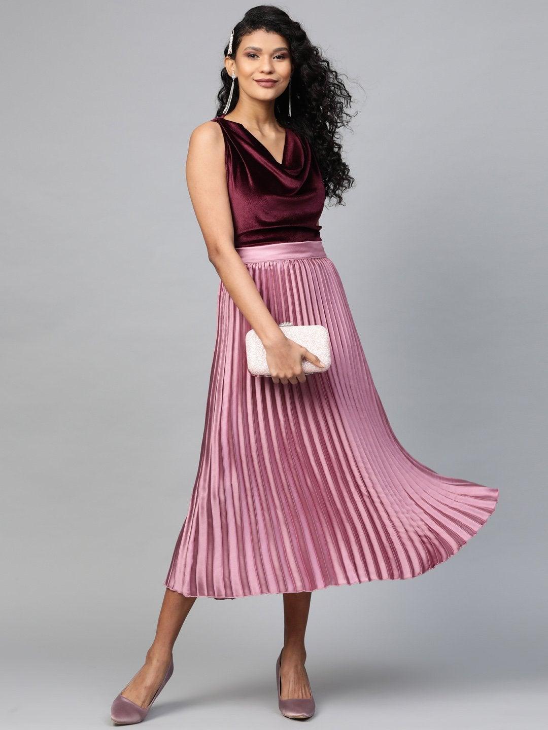 Women's Lavender Satin Pleated Midi Skirt - SASSAFRAS - Indiakreations