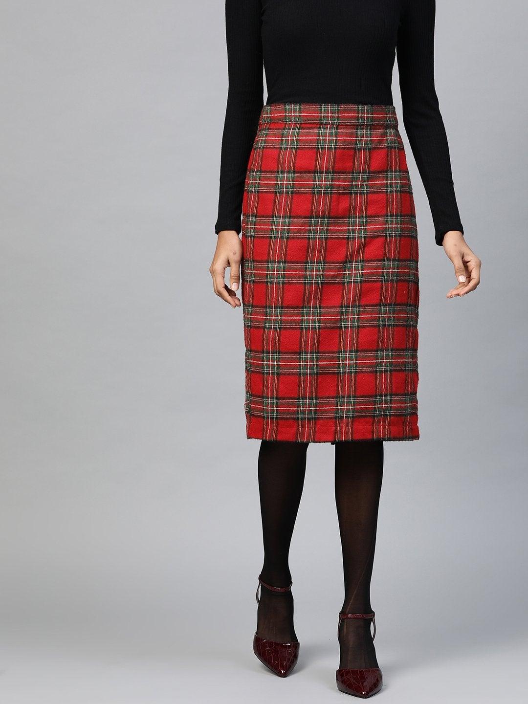 Women's Red Check Pencil Skirt - SASSAFRAS - Indiakreations