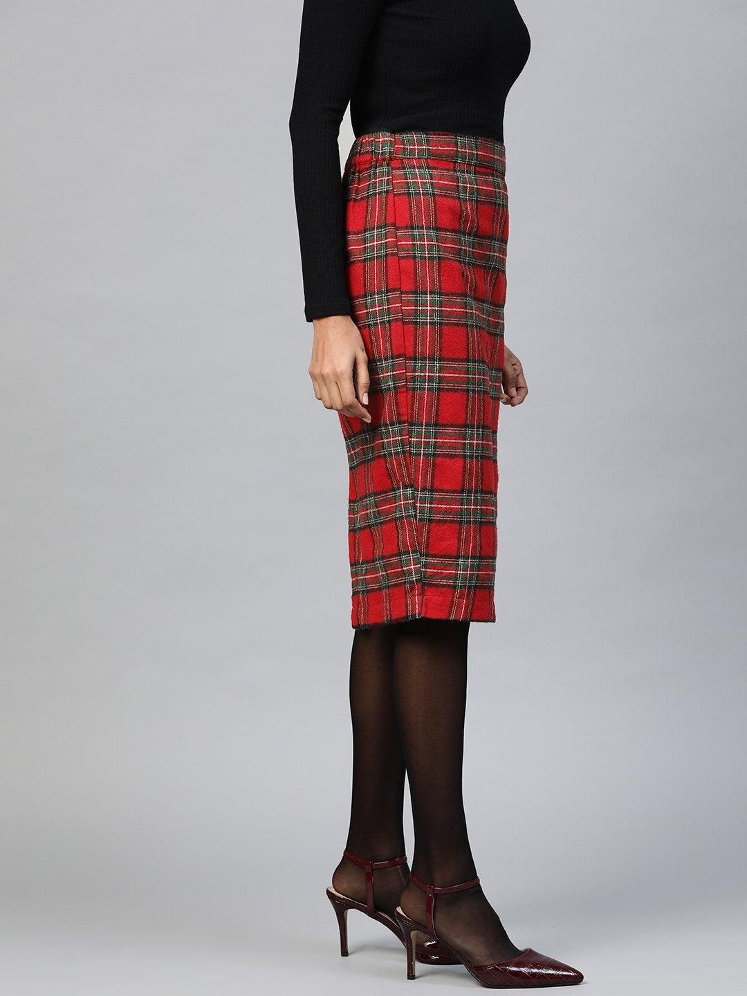 Women's Red Check Pencil Skirt - SASSAFRAS - Indiakreations