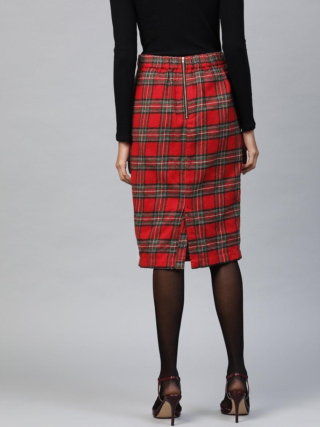 Women's Red Check Pencil Skirt - SASSAFRAS - Indiakreations