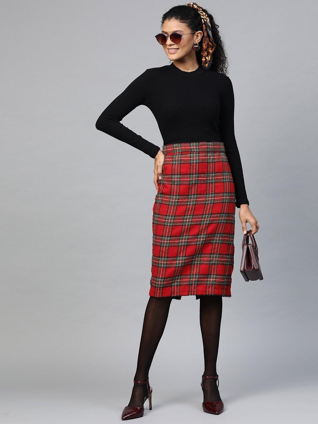 Women's Red Check Pencil Skirt - SASSAFRAS - Indiakreations