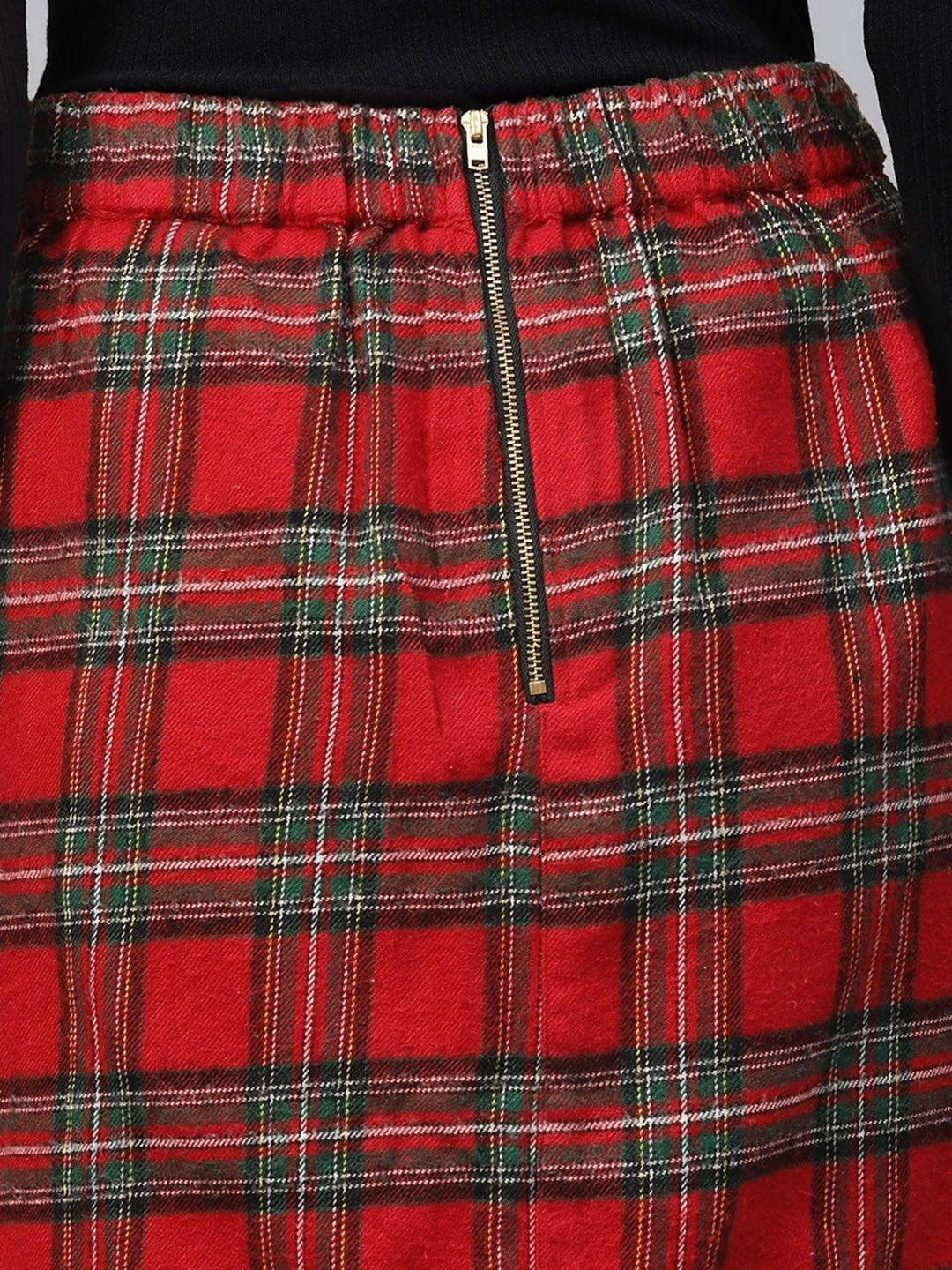 Women's Red Check Pencil Skirt - SASSAFRAS - Indiakreations