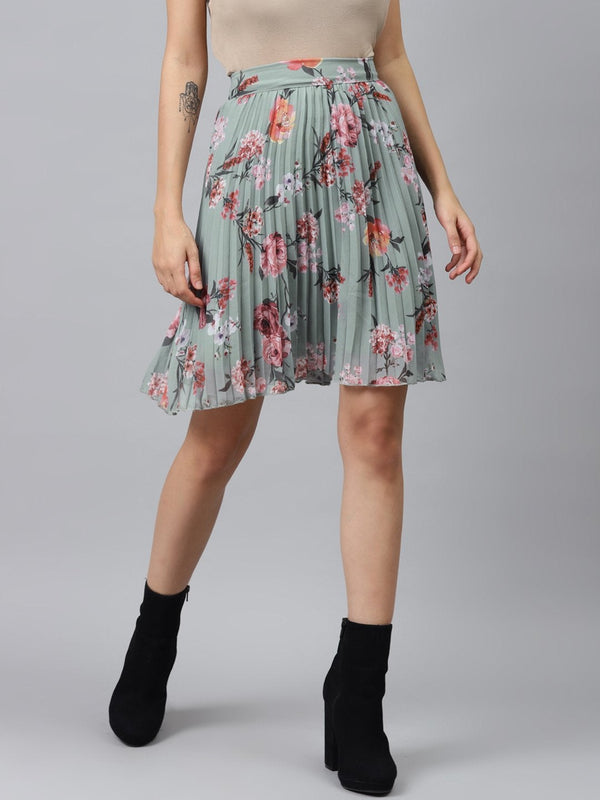 Women's Olive Floral Pleated Mini Skirt - SASSAFRAS