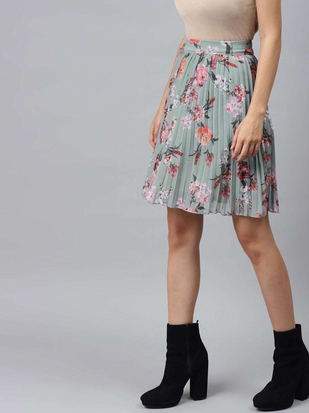 Women's Olive Floral Pleated Mini Skirt - SASSAFRAS - Indiakreations