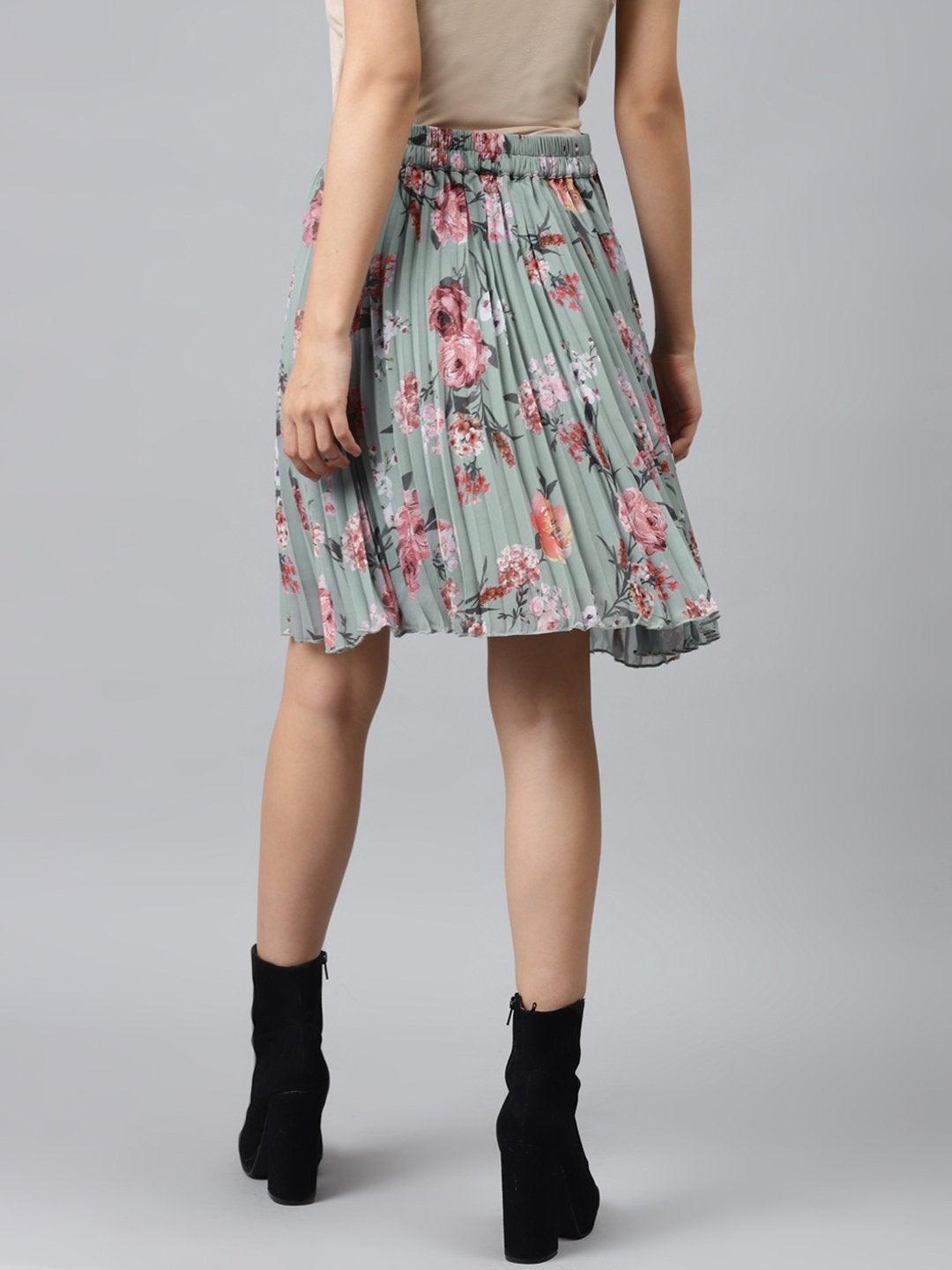 Women's Olive Floral Pleated Mini Skirt - SASSAFRAS - Indiakreations