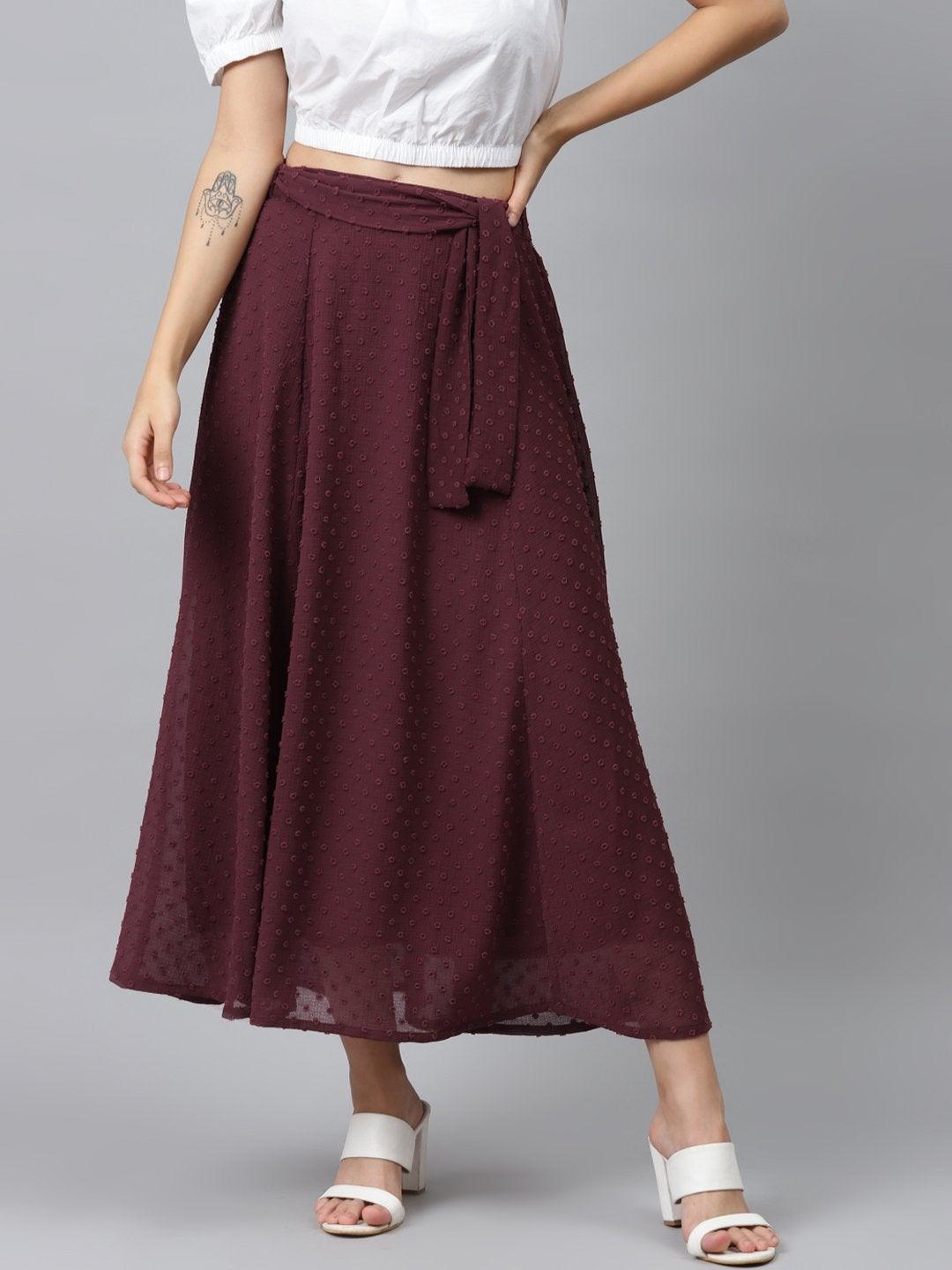 Women's Burgundy Dobby Flared Skirt - SASSAFRAS - Indiakreations