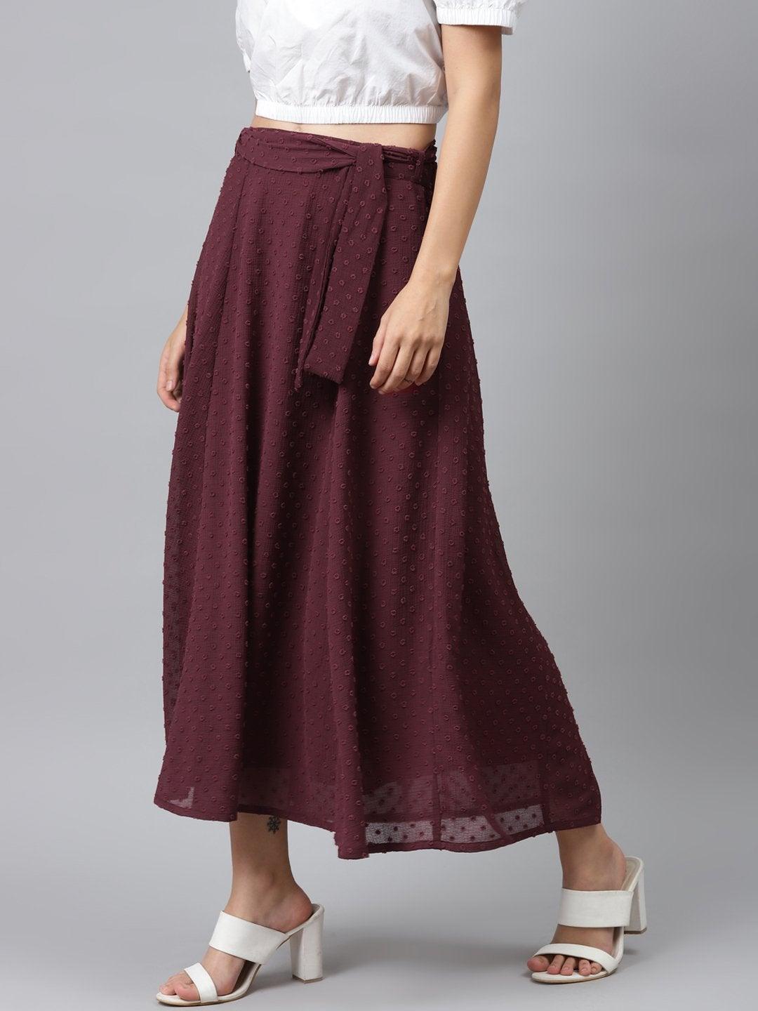 Women's Burgundy Dobby Flared Skirt - SASSAFRAS - Indiakreations