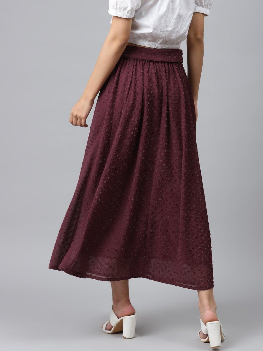 Women's Burgundy Dobby Flared Skirt - SASSAFRAS - Indiakreations