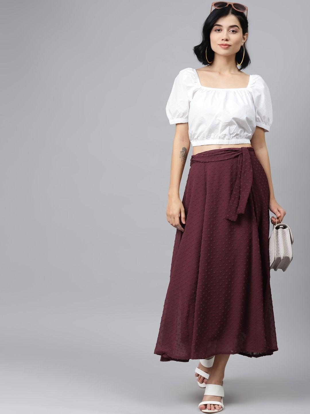 Women's Burgundy Dobby Flared Skirt - SASSAFRAS - Indiakreations