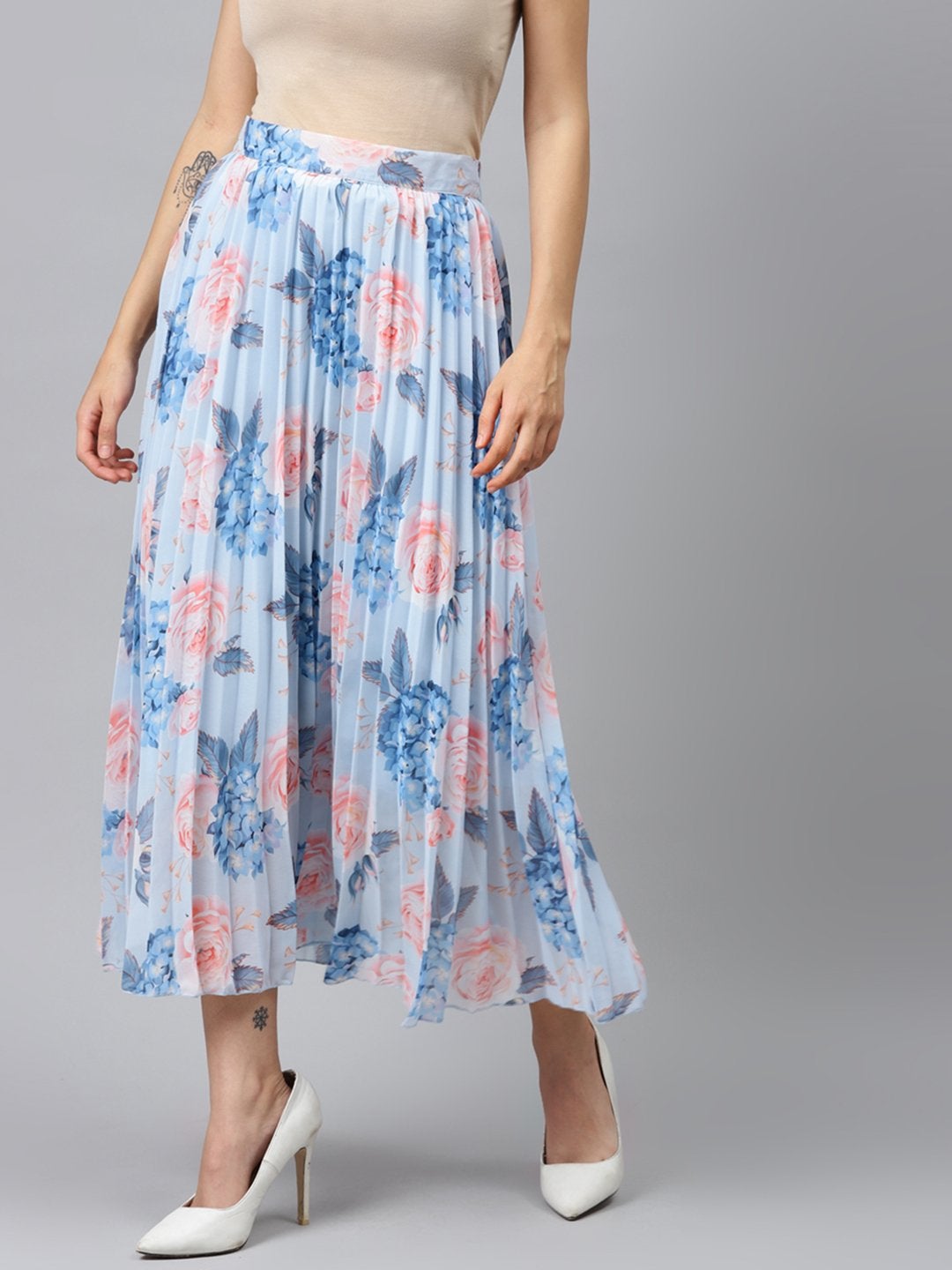 Women's Light Blue Floral Pleated Maxi Skirt - SASSAFRAS - Indiakreations