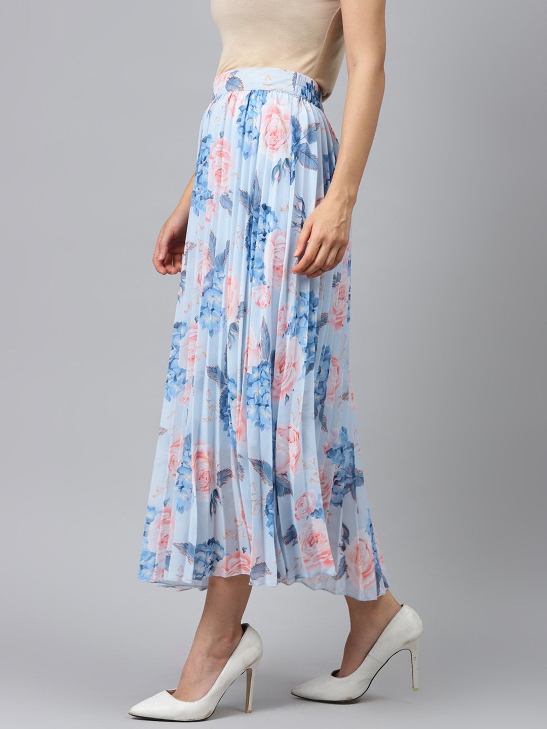 Women's Light Blue Floral Pleated Maxi Skirt - SASSAFRAS - Indiakreations