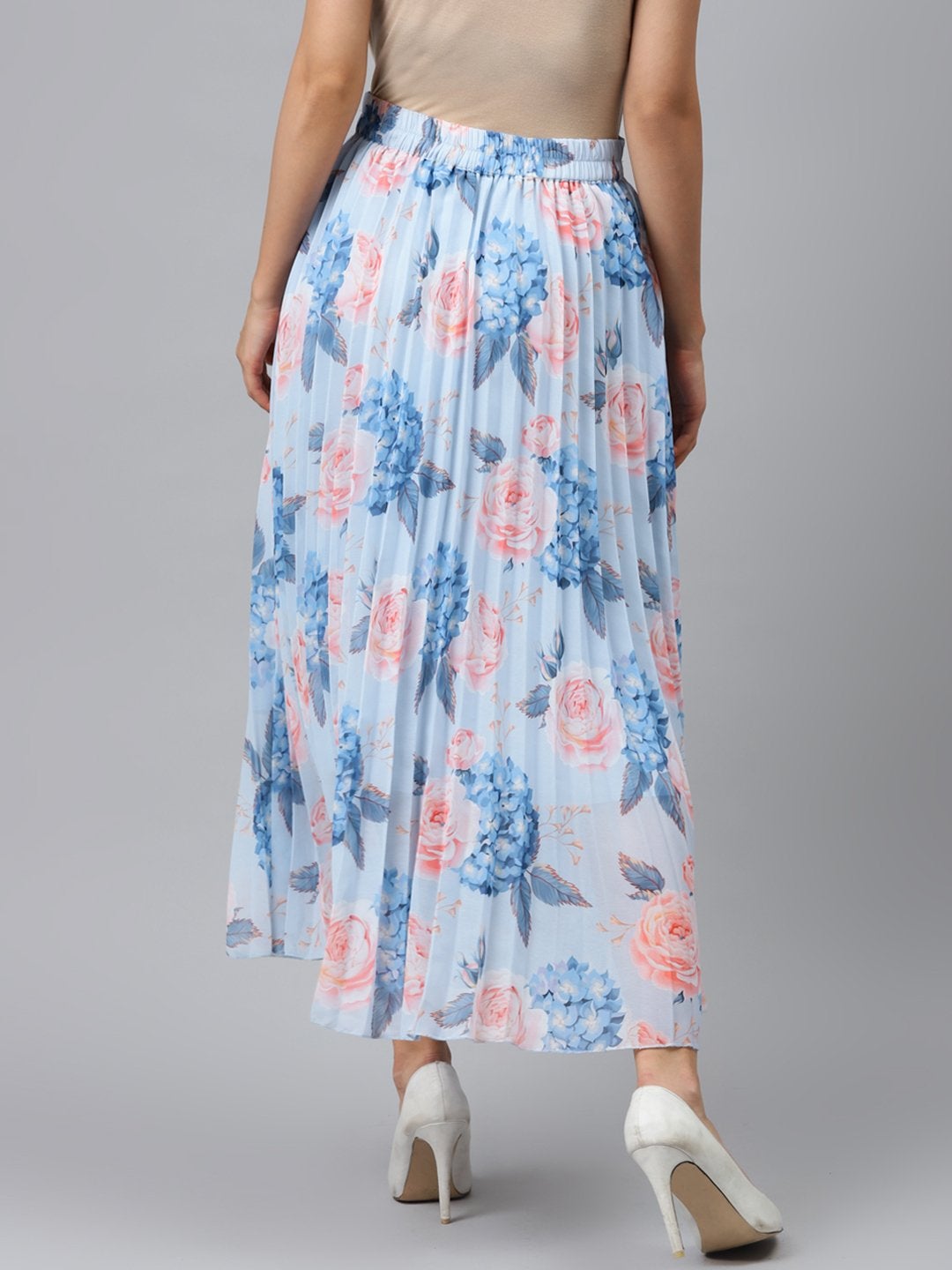 Women's Light Blue Floral Pleated Maxi Skirt - SASSAFRAS - Indiakreations