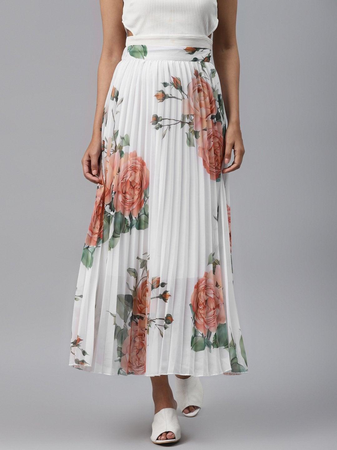 Women's White Floral Pleated Maxi Skirt - SASSAFRAS - Indiakreations