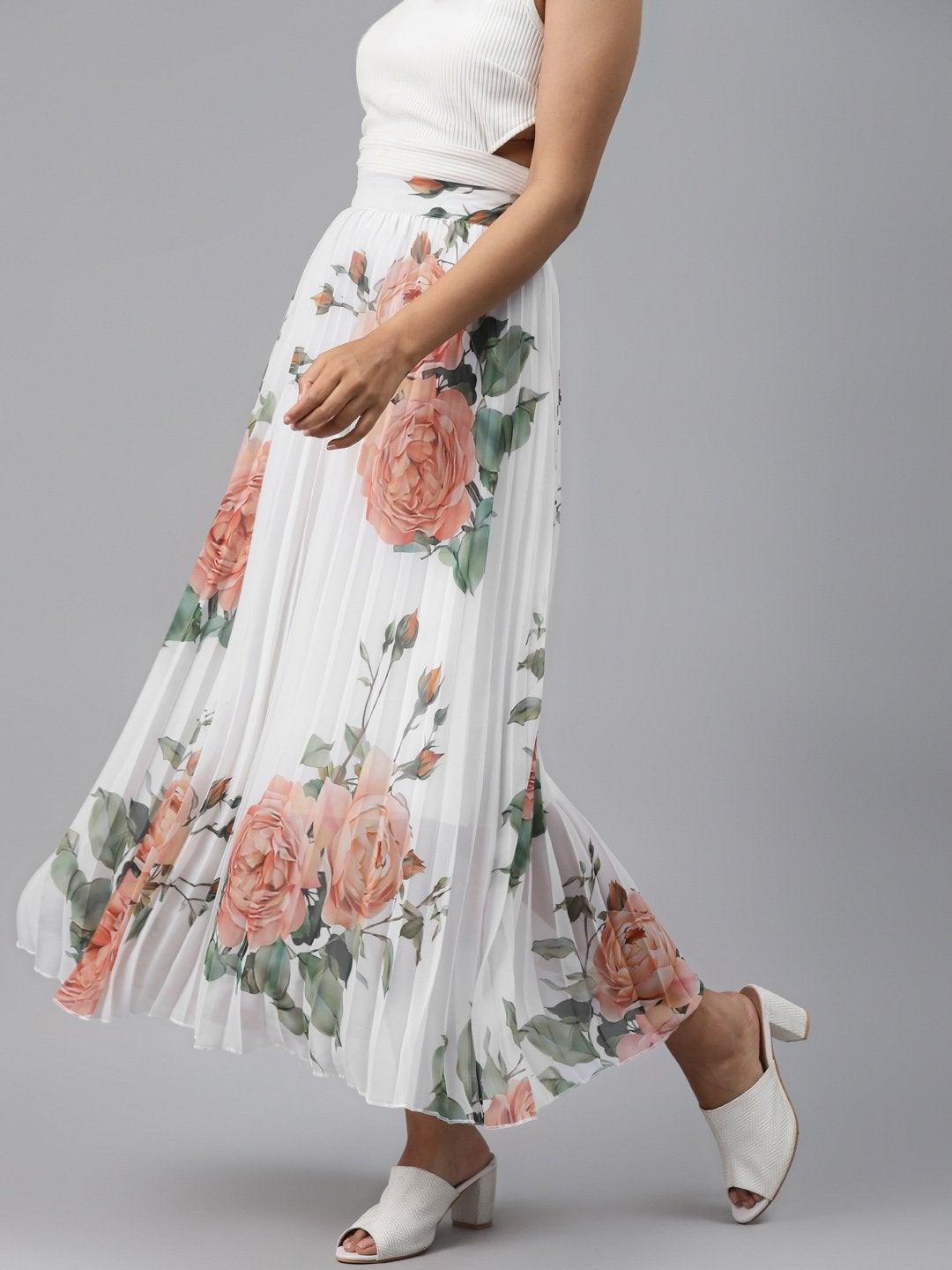 Women's White Floral Pleated Maxi Skirt - SASSAFRAS - Indiakreations