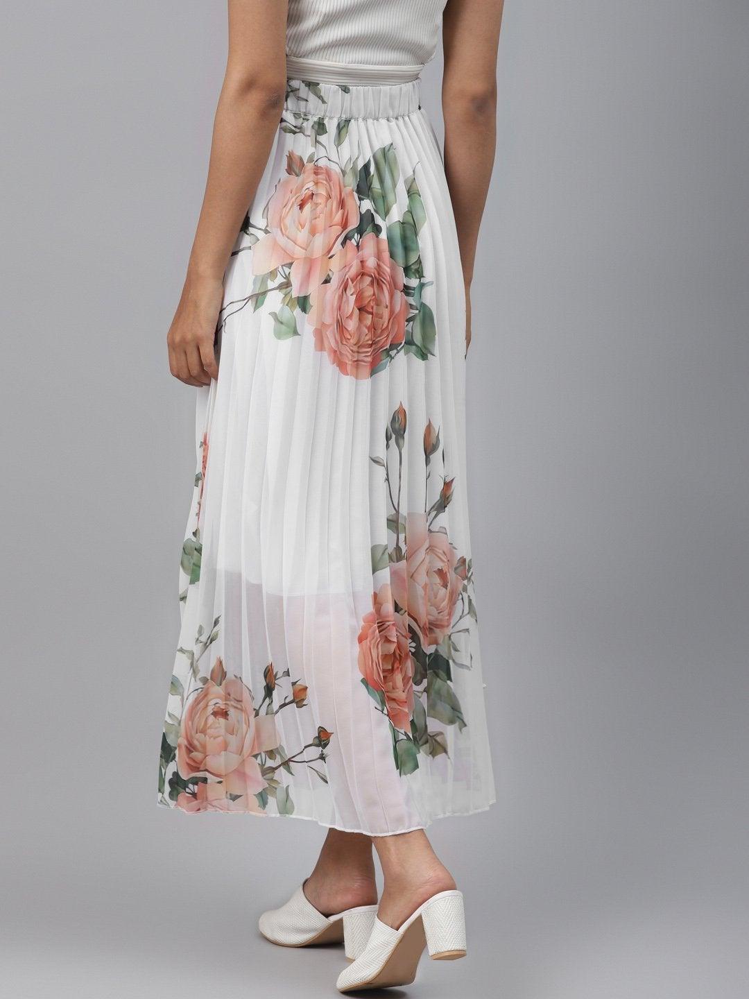 Women's White Floral Pleated Maxi Skirt - SASSAFRAS - Indiakreations