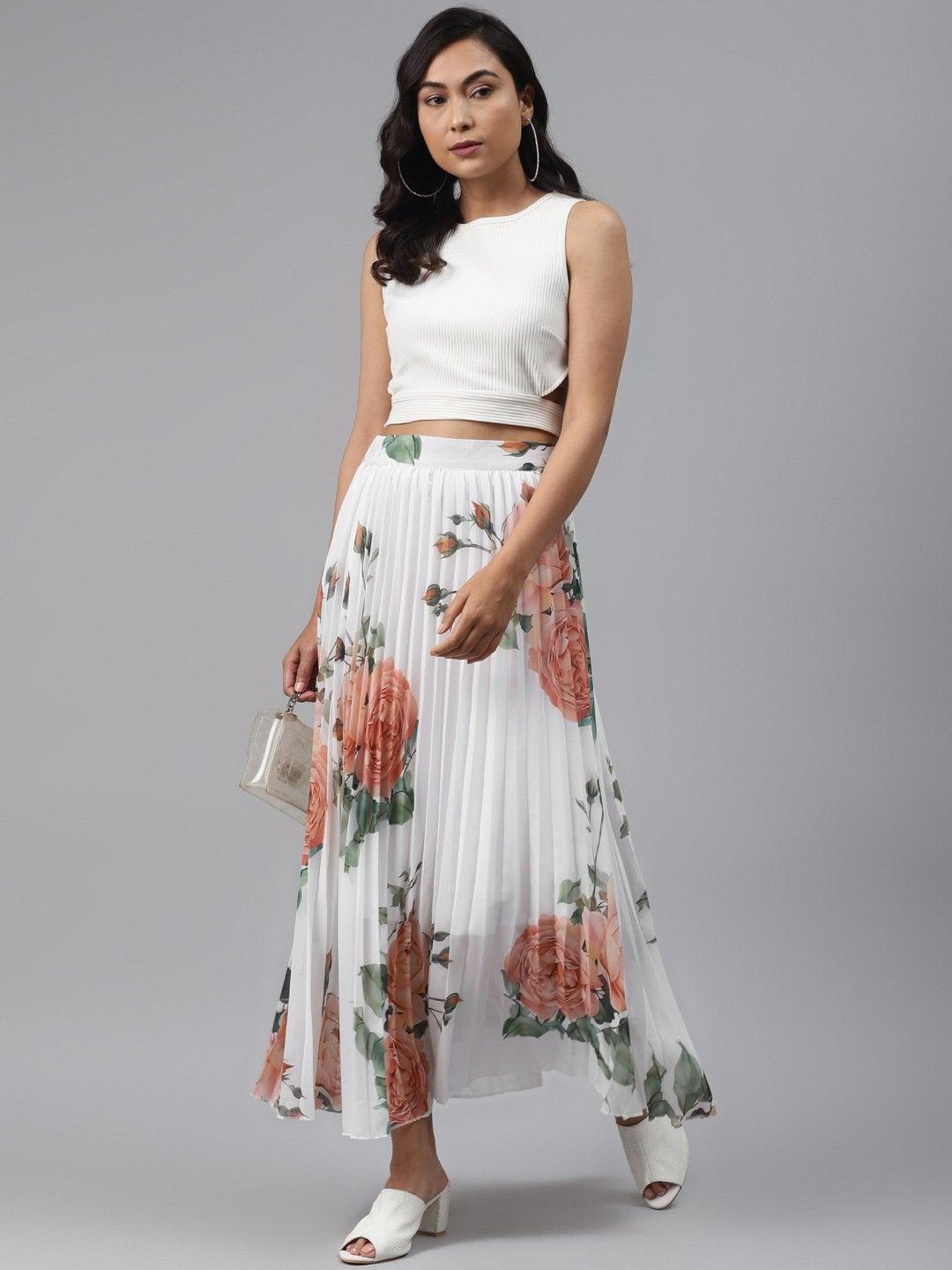 Women's White Floral Pleated Maxi Skirt - SASSAFRAS - Indiakreations