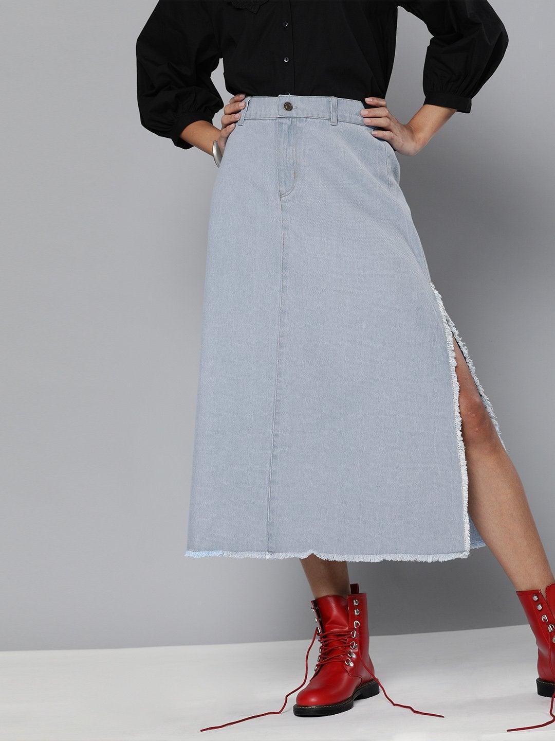 Women's Blue Denim Asymmetrical Skirt - SASSAFRAS - Indiakreations