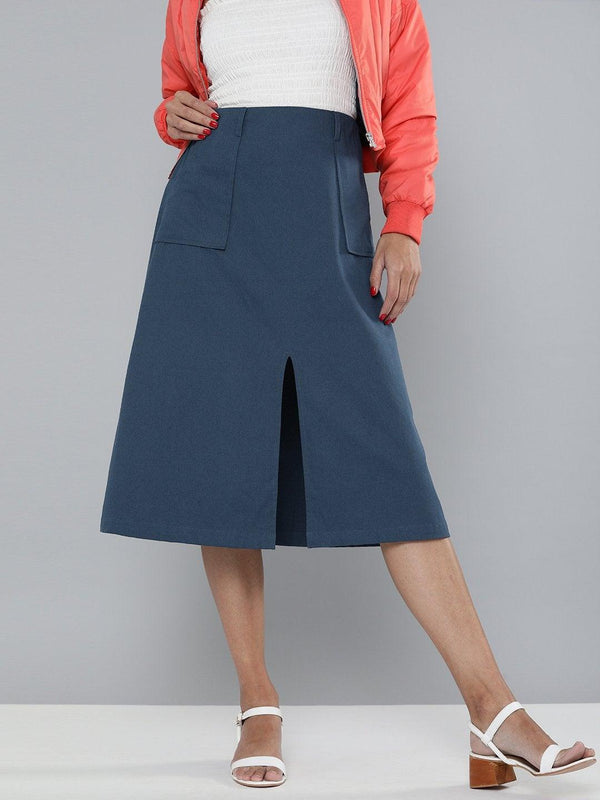 Women's Navy Front Slit A-Line Skirt - SASSAFRAS - Indiakreations