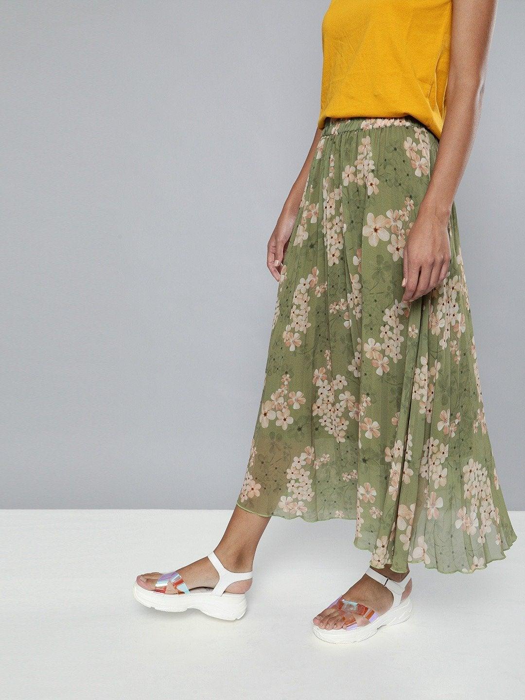 Women's Olive Floral Pleated Midi Skirt - SASSAFRAS - Indiakreations