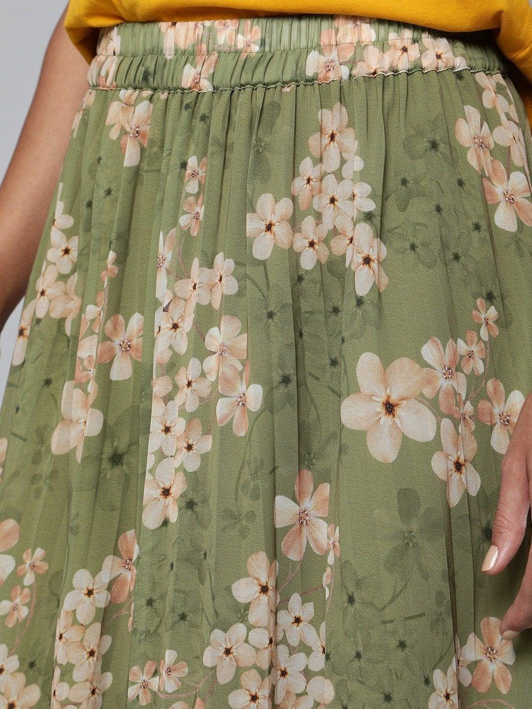 Women's Olive Floral Pleated Midi Skirt - SASSAFRAS - Indiakreations