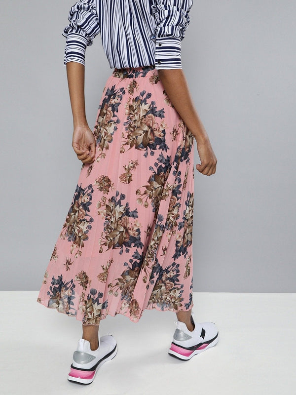 Women's Pink Floral Pleated Midi Skirt - SASSAFRAS