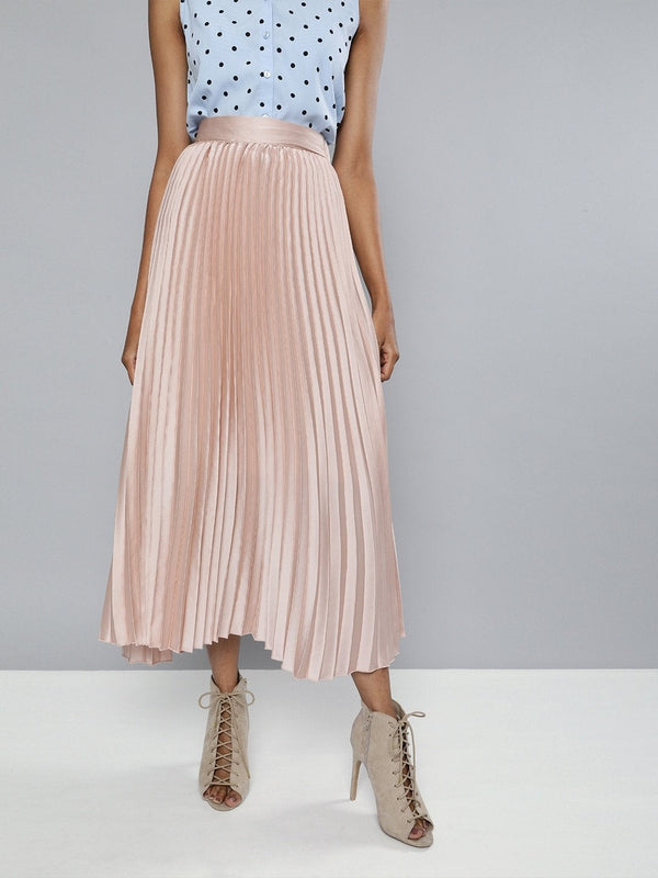 Women's Champagne Pink Satin Pleated Maxi Skirt - SASSAFRAS