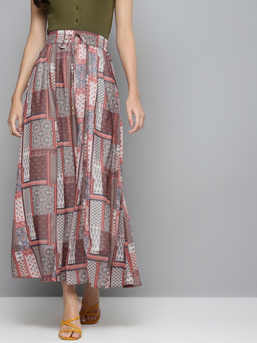 Women's Brown Patch Print Flared Maxi Skirt - SASSAFRAS - Indiakreations